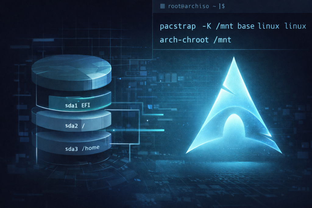 «Минималистичная иллюстрация установки Arch Linux с терминалом и схемой диска»