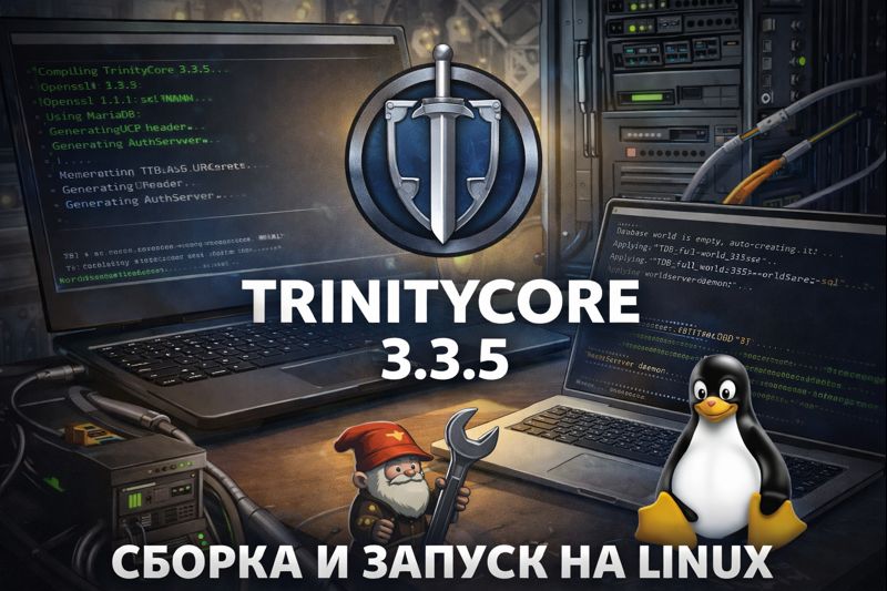 Иллюстрация: сборка и запуск TrinityCore 3.3.5 на Linux — исходники, сборка, ресурсы DBC/Maps/VMaps/MMaps, MariaDB и systemd