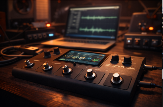 гитарный процессор с сенсорным экраном и цепочкой эффектов, крупный план