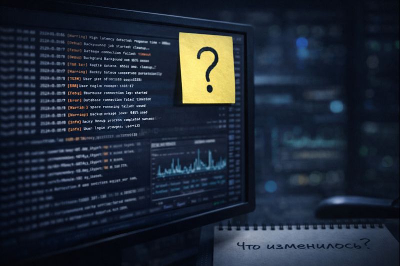 Стикер с вопросительным знаком на мониторе с логами и метриками