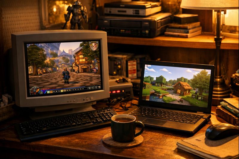 Коллаж из четырёх изображений: домашний сетап, экраны с сервисами и атмосферные детали рабочего места.