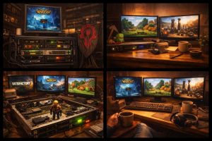 Коллаж из четырёх изображений: домашний сетап, экраны с сервисами и атмосферные детали рабочего места.