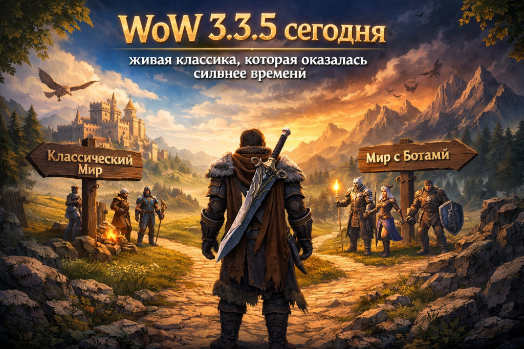 Атмосферная сцена в стиле WoW 3.3.5: герой стоит на развилке между классическим миром и миром с ботами-соратниками, подчёркивая выбор между традиционной игрой и расширенными возможностями соло-прохождения.