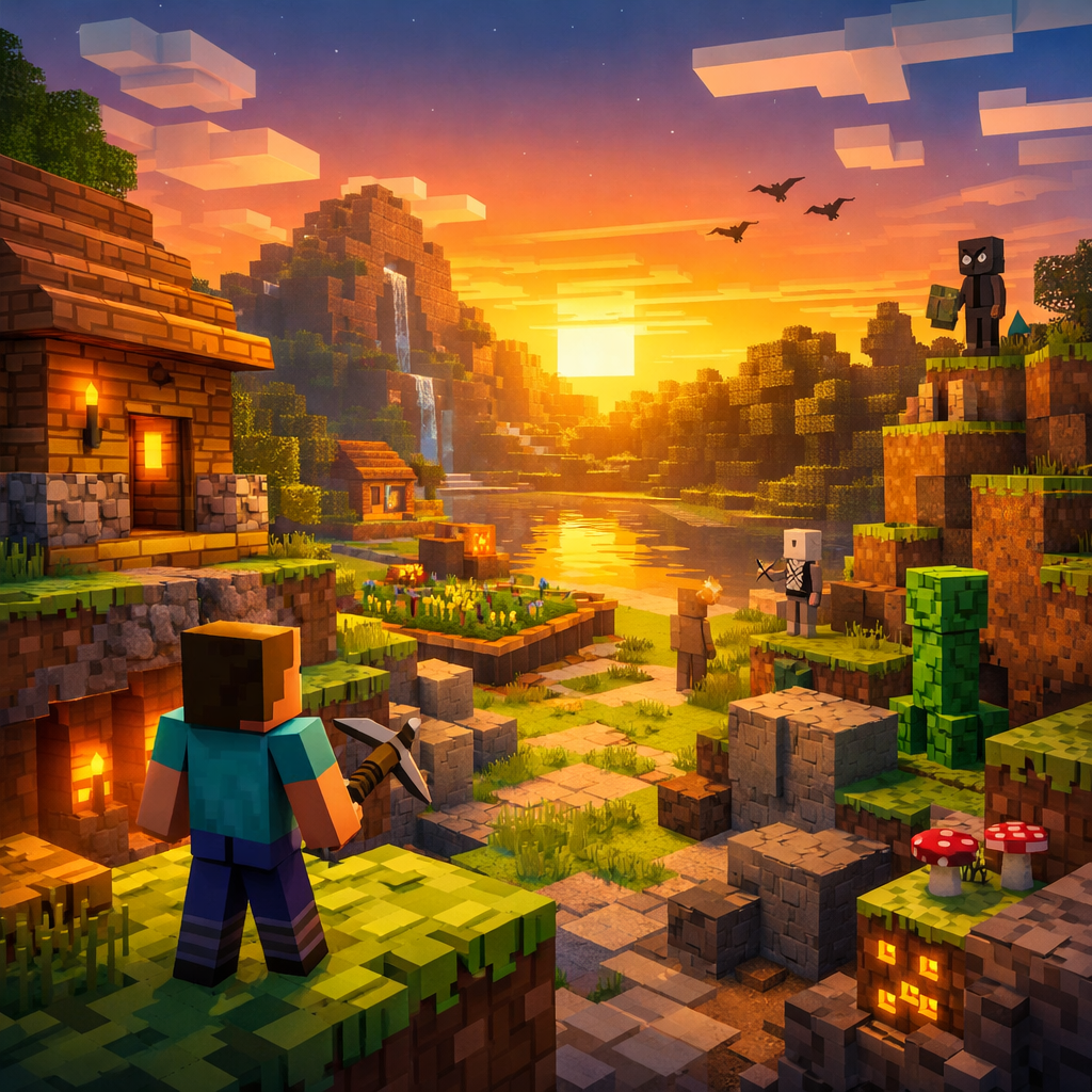 Закатный пейзаж в стиле Minecraft: игрок стоит на холме над рекой, рядом дом, деревня, водопад и мобы в тёплом вечернем свете