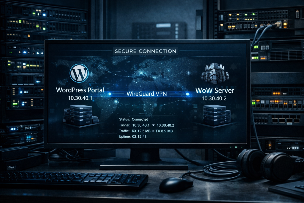 Схема безопасной связки WordPress и WoW-сервера через WireGuard